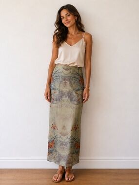 Citron Santa Monica Midi Skirt Asian Motif Floral Side Zip Silk-like Artsy Boho